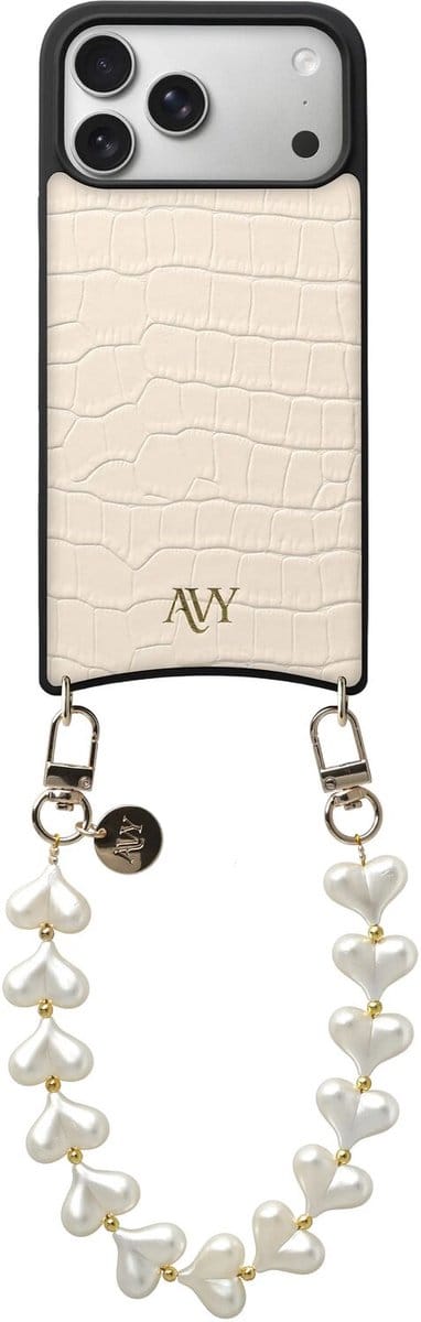 AVY Leren Hoesje Geschikt voor Apple iPhone 17 Pro Max | Compatibel met MagSafe | Leather Case met Telefoonkoord | Polsband | Croco Beige | Cupid Pearl