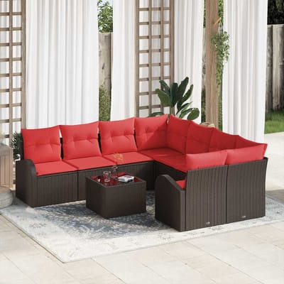 vidaXL - Bankstel - 9 - st - 8-Aantal - zitplaatsen - Beige - en - Rood - poly - rattan