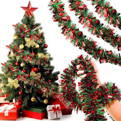 10 meter Lametta Garlands - 5 Stuks Shiny Kerstversieringen voor de Boom - Groen en Rood Decoratie