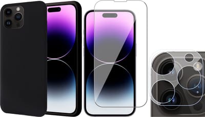 Hoesje geschikt voor iPhone 14 Pro - Screenprotector GlassGuard & Camera Lens Screen Protector - Back Cover Case SoftTouch Zwart