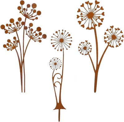 Decoratieve metalen tuinsteken in rustkleur - 3-delige set voor bloemenbed, patio en buitenverlichting