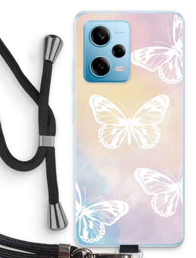 Case Company® - Hoesje met koord geschikt voor Xiaomi Redmi Note 12 Pro 5G hoesje met Koord - White butterfly - Telefoonhoesje met Zwart Koord - Bescherming aan alle Kanten en Over de Schermrand