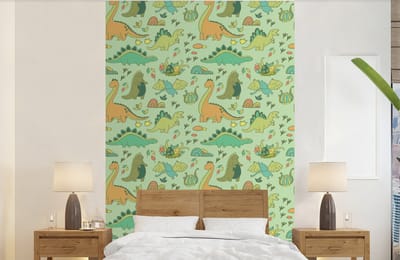 Behang - Fotobehang Patronen - Dino - Groen - Jongetje - Kind - Kinderen - Kids - Breedte 140 cm x hoogte 220 cm