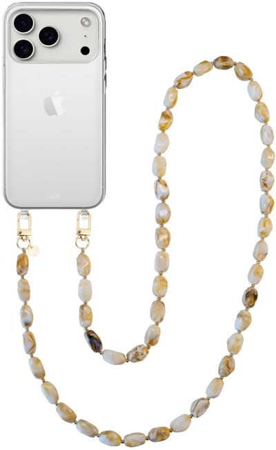 xoxo Wildhearts telefoonhoesje geschikt voor iPhone 17 Pro - Moonlight (lang koord) - siliconen hoesje met koord - Backcover met telefoonkoord - Telefoonhanger stenen ketting - Beige / Wit