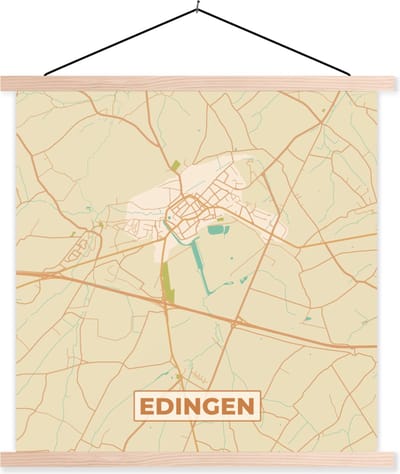 Posterhanger incl. Poster 40x40 cm - Schoolplaat - Vintage - Plattegrond - Stadskaart - Edingen - Kaart - Textielposter - Blanke latten - Stadskaart