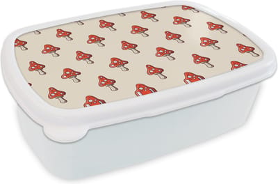 Broodtrommel Wit - Lunchbox - Brooddoos - Patronen - Herfst - Paddenstoel - Rood - 18x12x6 cm - Volwassenen
