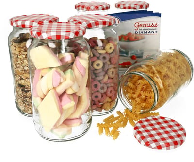 Set van 6 ronde potten 1062 ml To 82 rood geruit deksel incl. Diamant Gelierzauber receptenboekje
