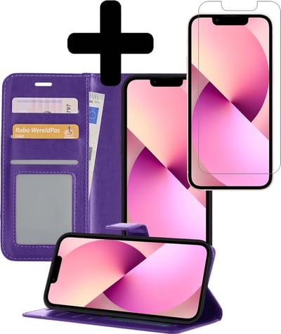 Hoesje - Met Screenprotector - Geschikt voor Apple iPhone 13 Mini - Luxe Pasjeshouder - Bookcase Portemonee - Flip Case - Kunstleer Book Case - Flipcase - Book Cover - Walletcase - Portemonneehoes - Telefoonhoesjes - Paars