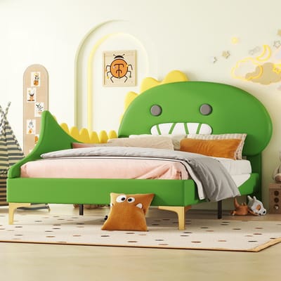 REDOM Kinderbed 90x200 cm van PU/MDF – Met cartoon dinosaurus hoofdbord – Groen