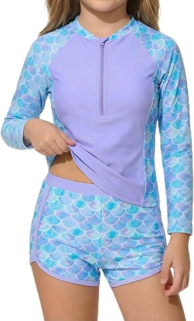 Meisjes 2-delig Set Lange Mouwen UV Bescherming Badmode met Shorts en Half Zip, Tie Dye Zeemeermin Eenhoorn Flamingo Bloemen Zwemoutfit 3-7 Jaar