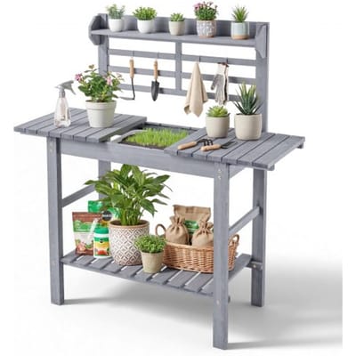 VEVOR Planttafel, Tuintafel, Werktafel met spoelbak, Verstelbaar houten blad, Planken & Haken, Bloementafel, Verpottafel voor Terras & Tuin, Plankenmodel, 94 x 46 x 140 cm