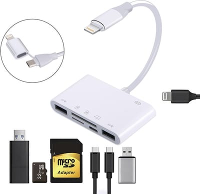 6-IN-1 8-Pin + USB-C naar 2X USB (OTG) + 8-Pin + USB-C + SD + Micro SD adapter kabel - geheugenkaart lezer - geschikt voor o.a. iPhone en iPad - wit