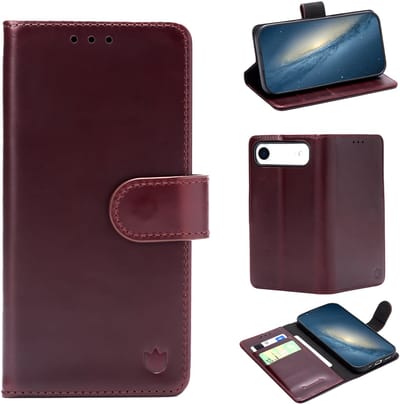 Casemania Echt Leren Hoesje Geschikt voor Apple iPhone 17 Air - Maroon Red - Leer Book Cover - Portemonnee Telefoonhoesje met Pasjeshouder