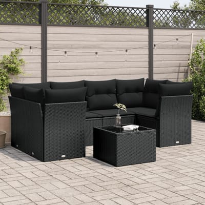vidaXL - 7-delige - Loungeset - met - kussens - poly - rattan - zwart
