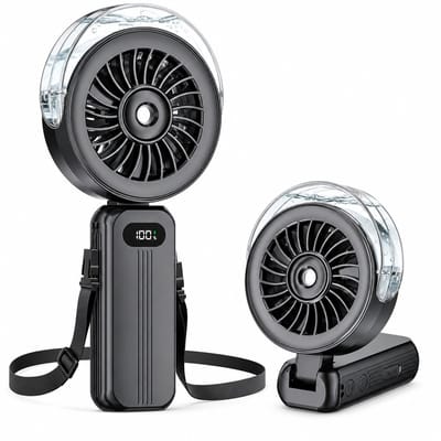 Handventilator met Watervernevelaar - Mini USB Ventilator Oplaadbaar - 6000mAh Batterij - 3-in-1 Zakventilator en Bureauventilator met Ledscherm - 4 Snelheden - Zwart