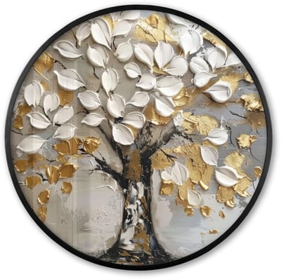Poster in lijst Rond - Fotolijst 60x60 cm - Posters - Boom - Beige - Grijs - Goud - Abstract - Ronde posterlijst zwart - Decoratie - Wanddecoratie woonkamer - Muurdecoratie slaapkamer