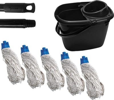 MAUS complete dweil set gerecycled -14 liter emmer zwart inclusief steel en 5 spaanse moppen blauw