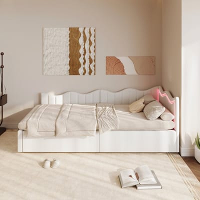 Modern jeugdbed 90x200cm, gestoffeerd bed, kinderbed met lattenbodem en opbergruimte, led-verlichtingsbed met lattenbodem, fluwelen stof, eenpersoonsbed voor jongens en meisjes, zonder matras (verzonden in twee pakketten)