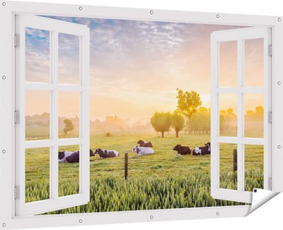 Gards Tuinposter Doorkijk Koeien in de Wei tijdens Zonsopgang - 180x120 cm - Tuindoek - Tuindecoratie - Wanddecoratie buiten - Tuinschilderij