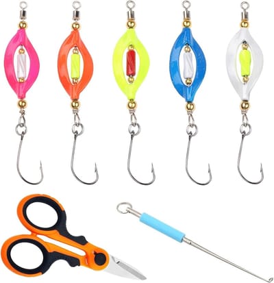 Set van 5 UV Actieve Forel Aas Twister Spinner 3g met Zelfglanzende Haak en Vissen Gereedschap, inclusief Schaar en Haakverwijderaar voor Effectief Vissen