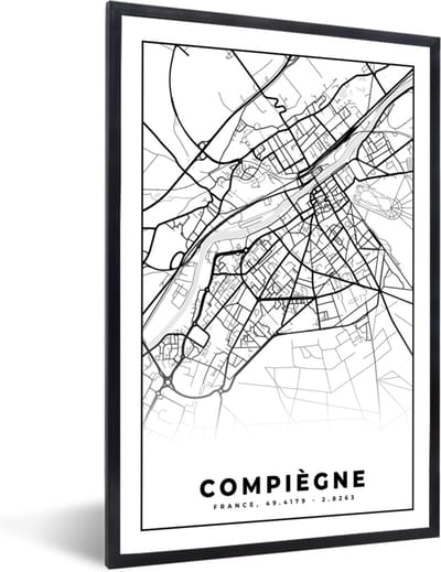 Fotolijst incl. Poster Zwart Wit- Plattegrond - Compiègne - Frankrijk - Stadskaart - Kaart - Zwart wit - 40x60 cm - Posterlijst