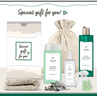 Geschenkset “Special Gift for You!” - 6 producten - 1100 gram - Triomf Cosmetica | Giftset Eucalyptus voor haar Cadeau Speciaal voor jou Luxe wellness cadeaubox Sauna Cadeaupakket Vrouw Geschenk Gift Set Douchegel Verjaardag Kerst Pakket