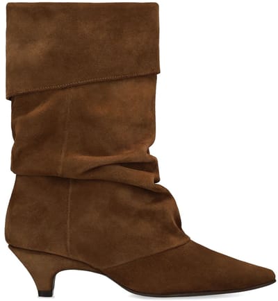 Manfield - Dames - Cognac suède slouchy enkellaarsjes met hak - Maat 37