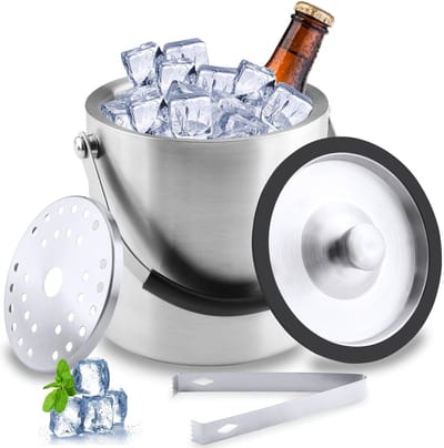 Dailygoods- IJsblokjeshouder Dubbelwandig met Deksel - Ijsemmer met Clips - Ijstang - Roestvrij Stalen - 1,6 Liter - Ideaal voor Dranken