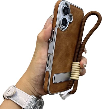 Luxe Leren geschikt voor iPhone 17 Hoesje met Koord, Lanyard & standaard – Bruin PU Soft Fluweel Telefoonhoes, Beschermhoes, Backcover, Schokbestendig, Modieus