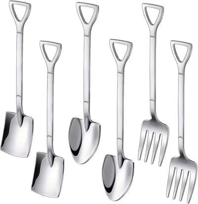 6-delige set schep, lepel en vork, 304 roestvrijstalen schepvormig bestek, 5,9 inch (ongeveer 15 cm) roerlepel voor desserts/koffie/yoghurt/taart/fruit/ijs-Stijl 1