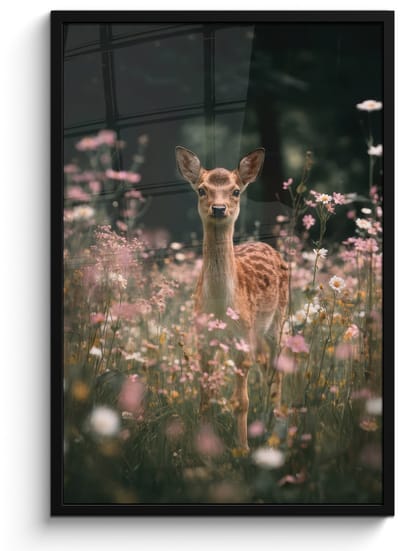 Poster in lijst - Fotolijst 60x90 cm - Posters - Hert - Wilde bloemen - Bos - Posterlijst zwart - Decoratie - Wanddecoratie woonkamer - Muurdecoratie slaapkamer