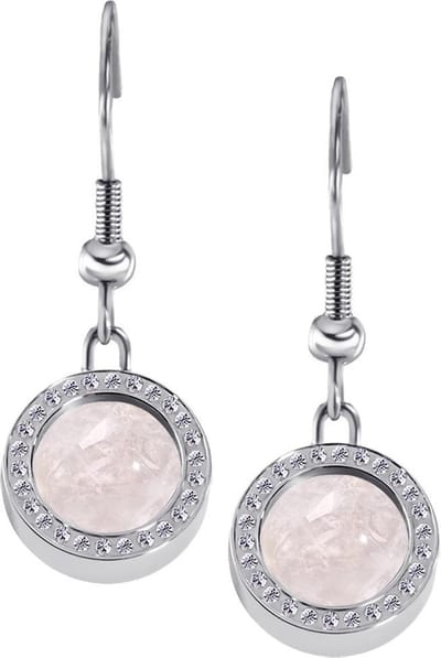 Quiges RVS Schroefsysteem Oorhangers Oorbellen Zilverkleurig met Zirkonia en Verwisselbare Roze Kwarts Mini Munt Set - ECOS172
