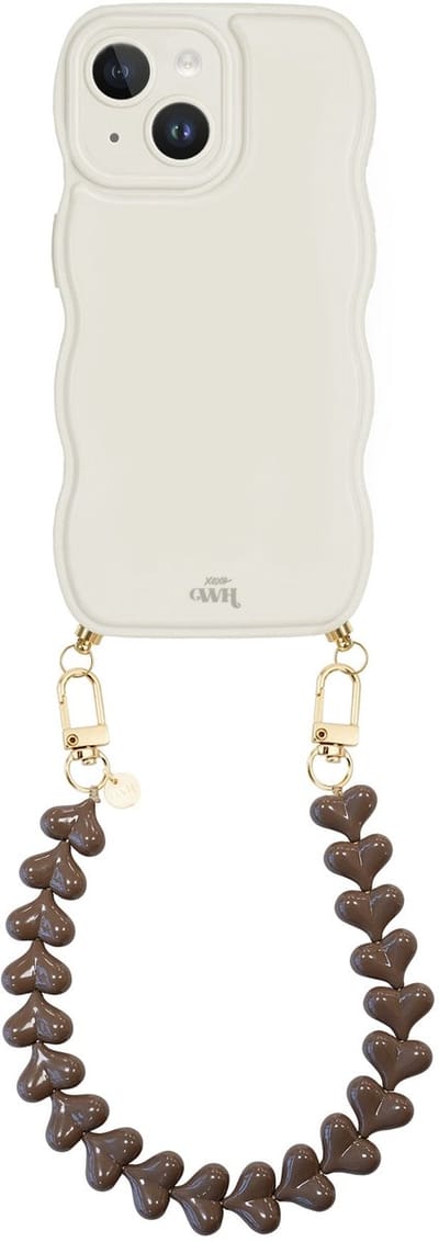 xoxo Wildhearts Glossy Wavy Cord Case Beige - Funky Hearts (Dark Brown) - geschikt voor iPhone 14 - hoesje met koord - telefoonkoord met hartjes - golvend hoesje - silicone case - schokbestendig - beige / bruin