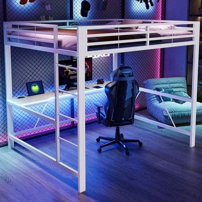 OKWISH Hoogslaper 160x200cm – Met Led Verlichting En Oplaadpunt – Met Bureau En Opbergruimte – Voor Tienerkamer – Metaal En MDF – Zonder Matras – Wit