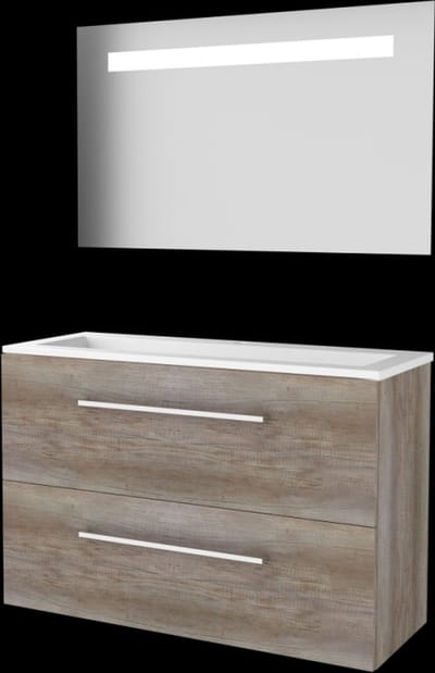 Basic-Line Economic 39 Badkamermeubelset - Ondiep - 100 x 39 cm - Met Grepen - 2 Lades - Acryl Wastafel - 1 Kraangat - Spiegel met LED Verlichting - Scotch Oak