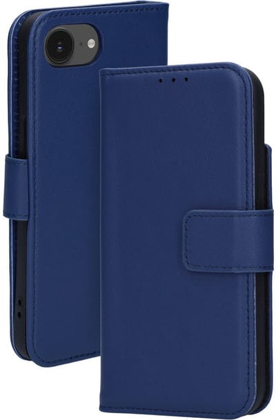 Mobiparts MagSafe Portemonnee/Boekhoesje geschikt voor Apple iPhone 16e Apple iPhone 17e - Echt Leer - Magnetische Sluiting - Ruimte voor drie pasjes - Microvezel voering - Blauw