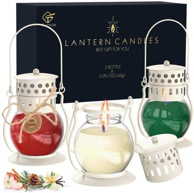 Dailygoods- Geurkaarsen Set - 3 Retro Lantaarn Kaarsen - Balsam Cedar/Apple Cinnamon/Creamy Vanilla - Soja Pot Kaarsen - Aromatherapie - Herfst Geuren - Aromakaarsen