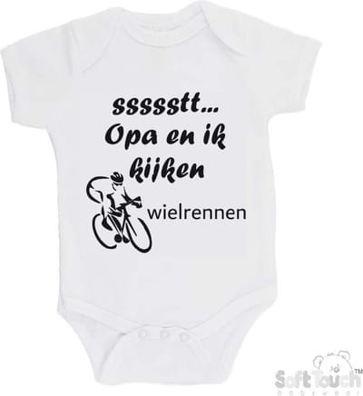 100% katoenen Romper "ssssstt... Opa en ik kijken wielrennen" Unisex Katoen Wit/zwart Maat 56/62