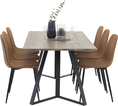 MarinaGRBL eethoek eetkamertafel el hout decor grijs en 6 Polar eetkamerstal PU kunstleer bruin.