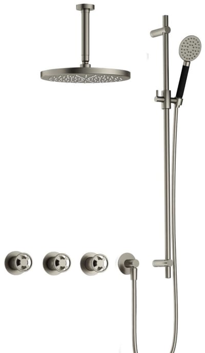 Hotbath Cobber @Work IBSW70 inbouw regendoucheset met ronde handdouche aan glijstang en 30cm ronde hoofddouche aan 15cm plafondarm geborsteld nikkel