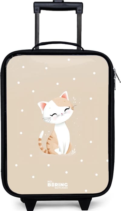 NoBoringSuitcases.com® - Kinderkoffer jongen - Kindertrolley meisje - Kat omringd door beige stippen - Koffer kind lichtgewicht - Reiskoffer trolley voor kinderen - Koffertje met lichtgevende wieltjes - Rolkoffer zwart