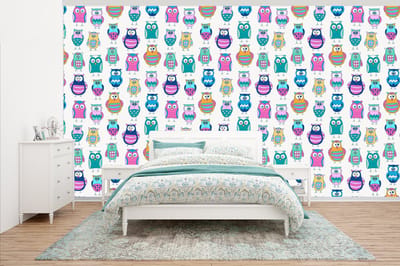 Behang - Fotobehang Regenboog - Uil - Cartoon - Breedte 500 cm x hoogte 280 cm