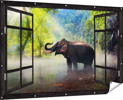 Gards Tuinposter Doorkijk Olifant in het Water - 180x120 cm - Tuindoek - Tuindecoratie - Wanddecoratie buiten - Tuinschilderij