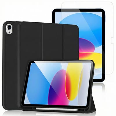 Hoes en Glas Geschikt voor Apple iPad 2025 (A16) & 2022 10e Gen - Zwart - Casemania Smart Cover met Pencil Houder Uitsparing & Glazen Screenprotector