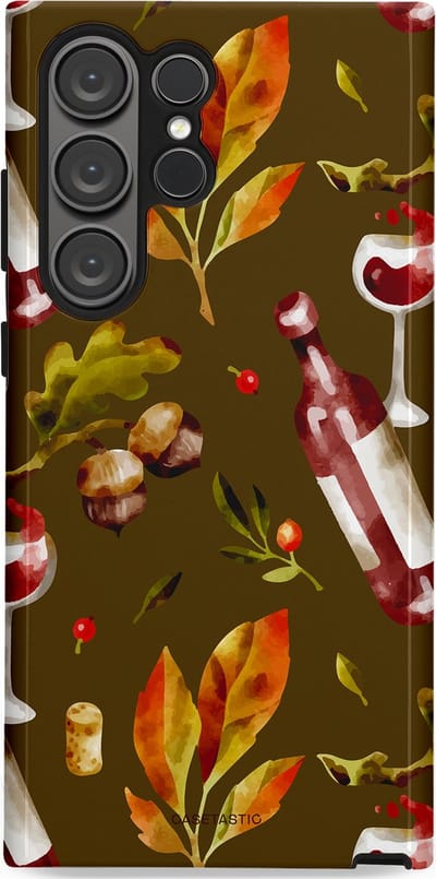 Casetastic Hoesje Geschikt voor Samsung S23 Ultra - Stijlvolle Beschermende Duo-layer Case - Rode Wijn Bladeren