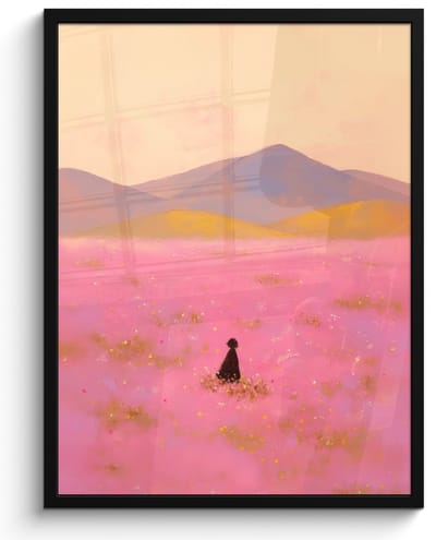 Poster in lijst - Fotolijst 50x70 cm - Posters - Bloemenweide - Heuvels - Silhouet - Roze - Posterlijst zwart - Decoratie - Wanddecoratie woonkamer - Muurdecoratie slaapkamer