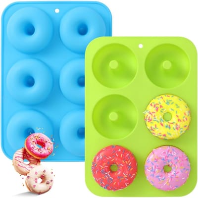 EXCITAT Siliconen donutvorm - 2-delig - 6-holtes antiaanbak veilige siliconen donut bakvorm - Hittebestendig - Geschikt voor temperaturen van -40 tot 230 graden - Perfect geschikt voor koekjes, bagels, muffins - Blauw en groen