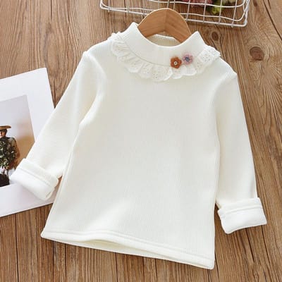 T-shirt de base pour filles T-shirt en velours pour enfants à col mi-haut et dentelle Veste chaude T-shirt de base jacquard tricoté pour filles 120 white