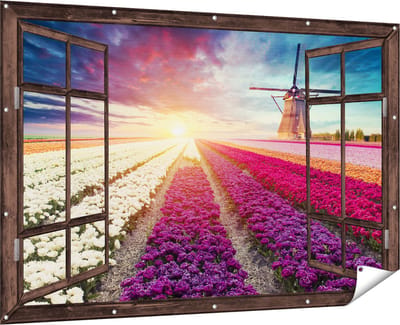 Gards Tuinposter Doorkijk Kleurrijke Tulpen Bloemenveld - Windmolen - 180x120 cm - Tuindoek - Tuindecoratie - Wanddecoratie buiten - Tuinschilderij