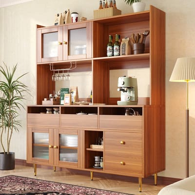 MODENUIT Buffetkast - Geribbelde Glazen Deur En Wijnrek - Voor Eetkamer En Keuken - MDF - 145x39x171 Cm - Walnootbruin